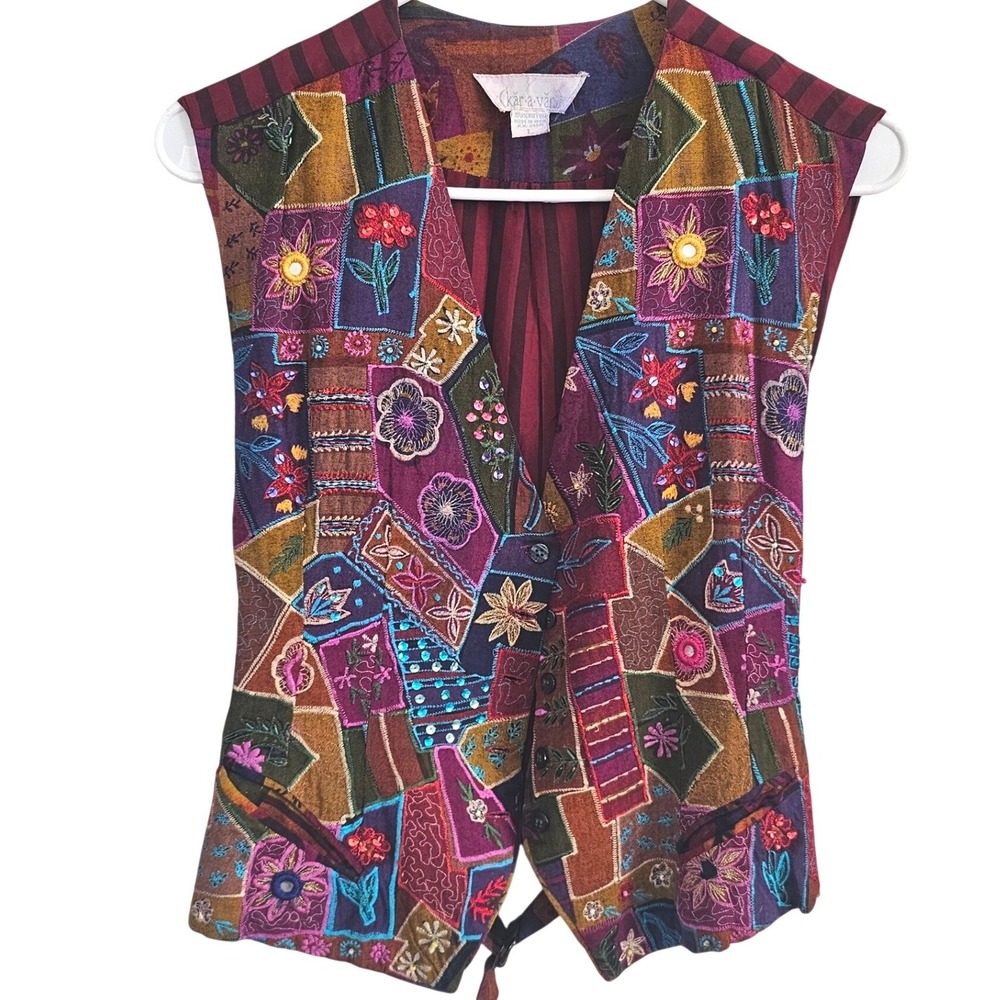 Karavan Vintage Patchwork Embroidered Floral Sequin Mirror Vest Womens‎ Large